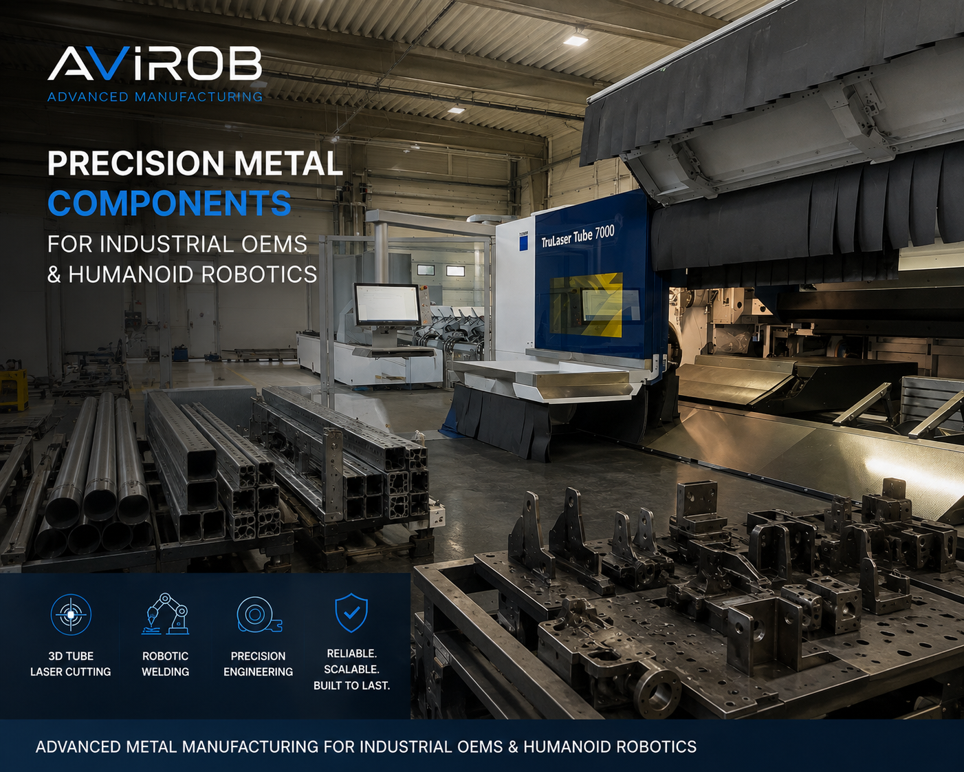 AVIROB Advanced Manufacturing — hala de producție cu Trumpf TruLaser Tube 7000 și componente metalice de precizie